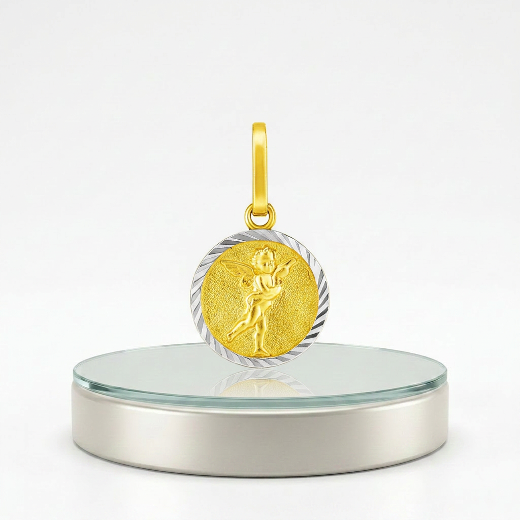 14k Two Tone Gold Small Round Textured Religious Medal Pendant DestGlow