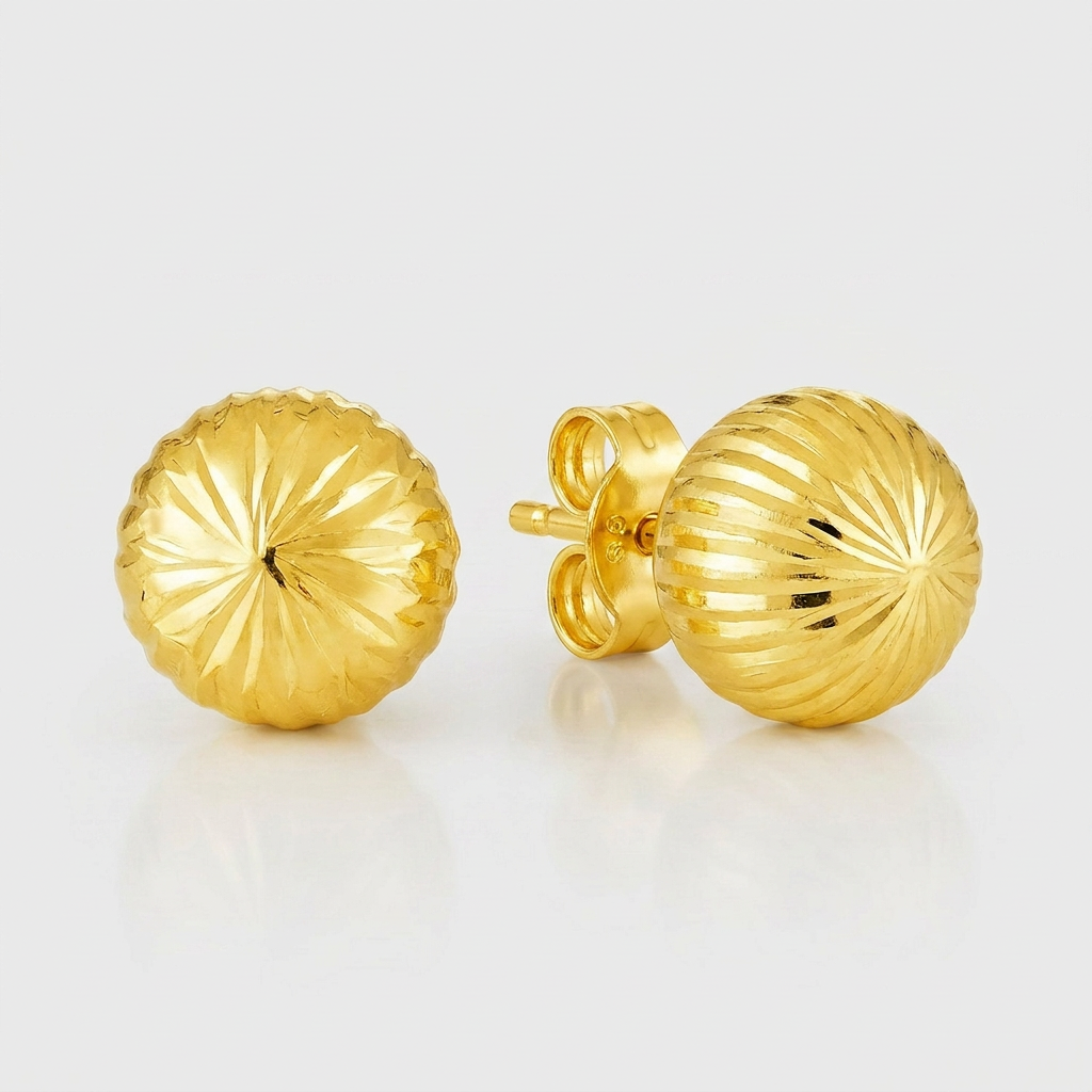 14K Yellow Gold Ball Earrings with Linear Texture