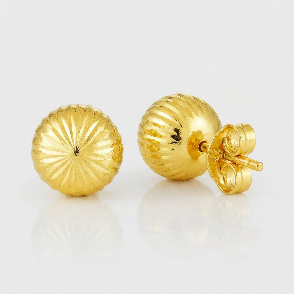 14K Yellow Gold Ball Earrings with Linear Texture