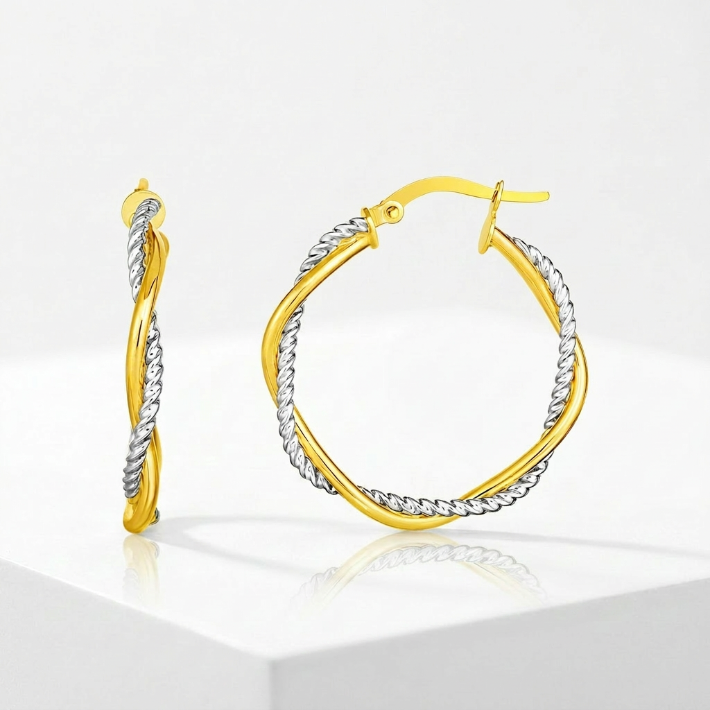 14k Yellow and White Gold Two Part Textured Twisted Round Hoop Earrings DestGlow