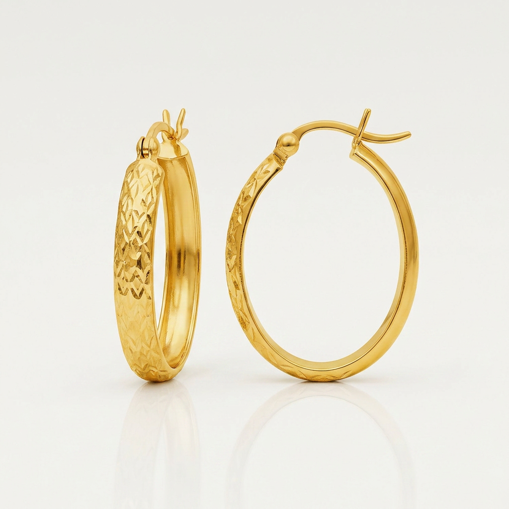 10k Yellow Gold Hammered Oval Hoop Earrings