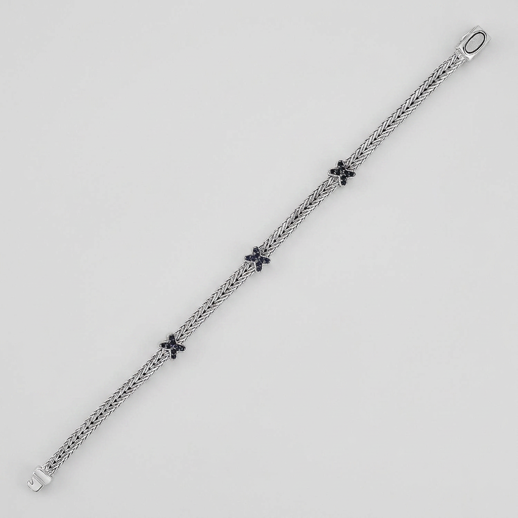 Woven Rope Bracelet with Black Sapphire X Accents in Sterling Silver