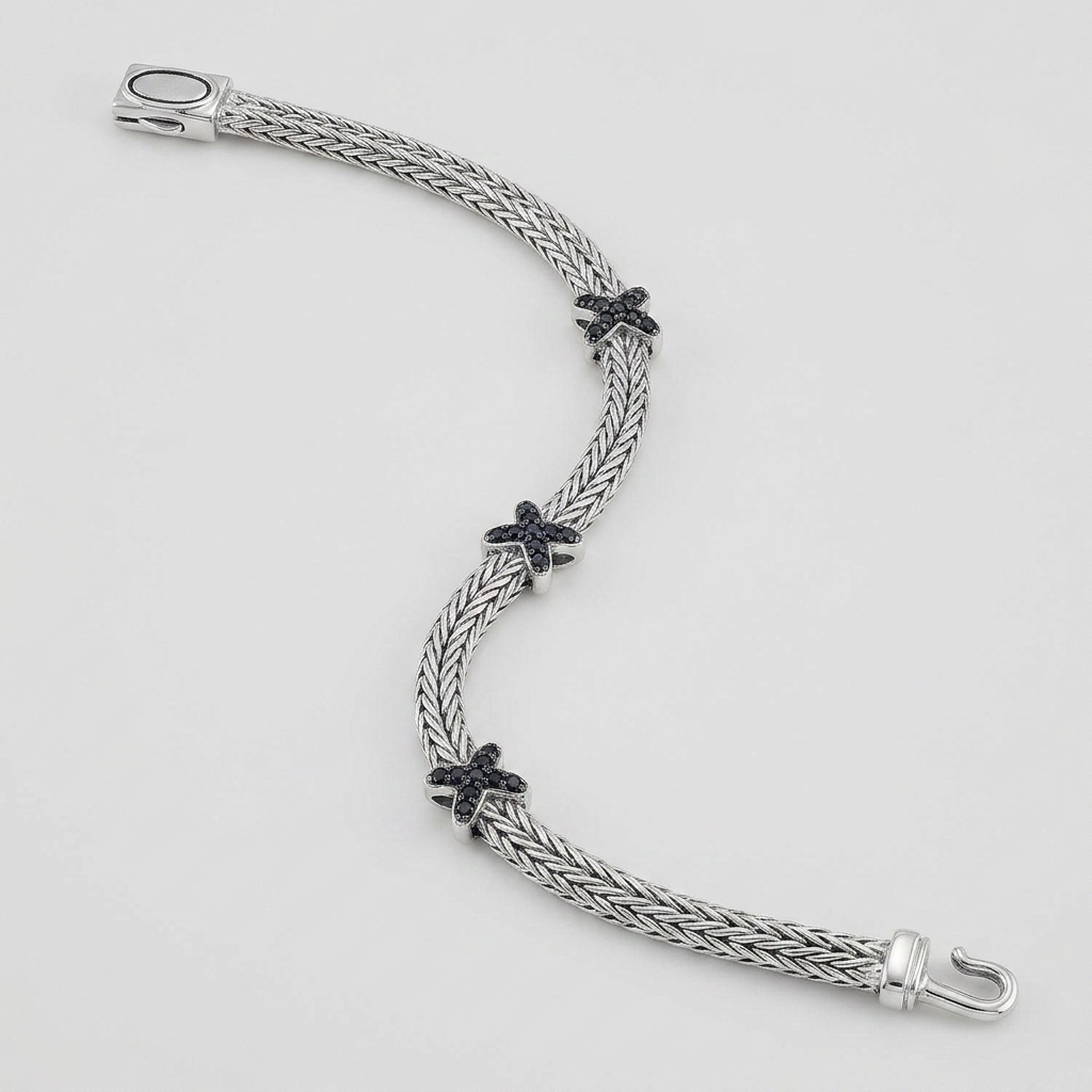 Woven Rope Bracelet with Black Sapphire X Accents in Sterling Silver