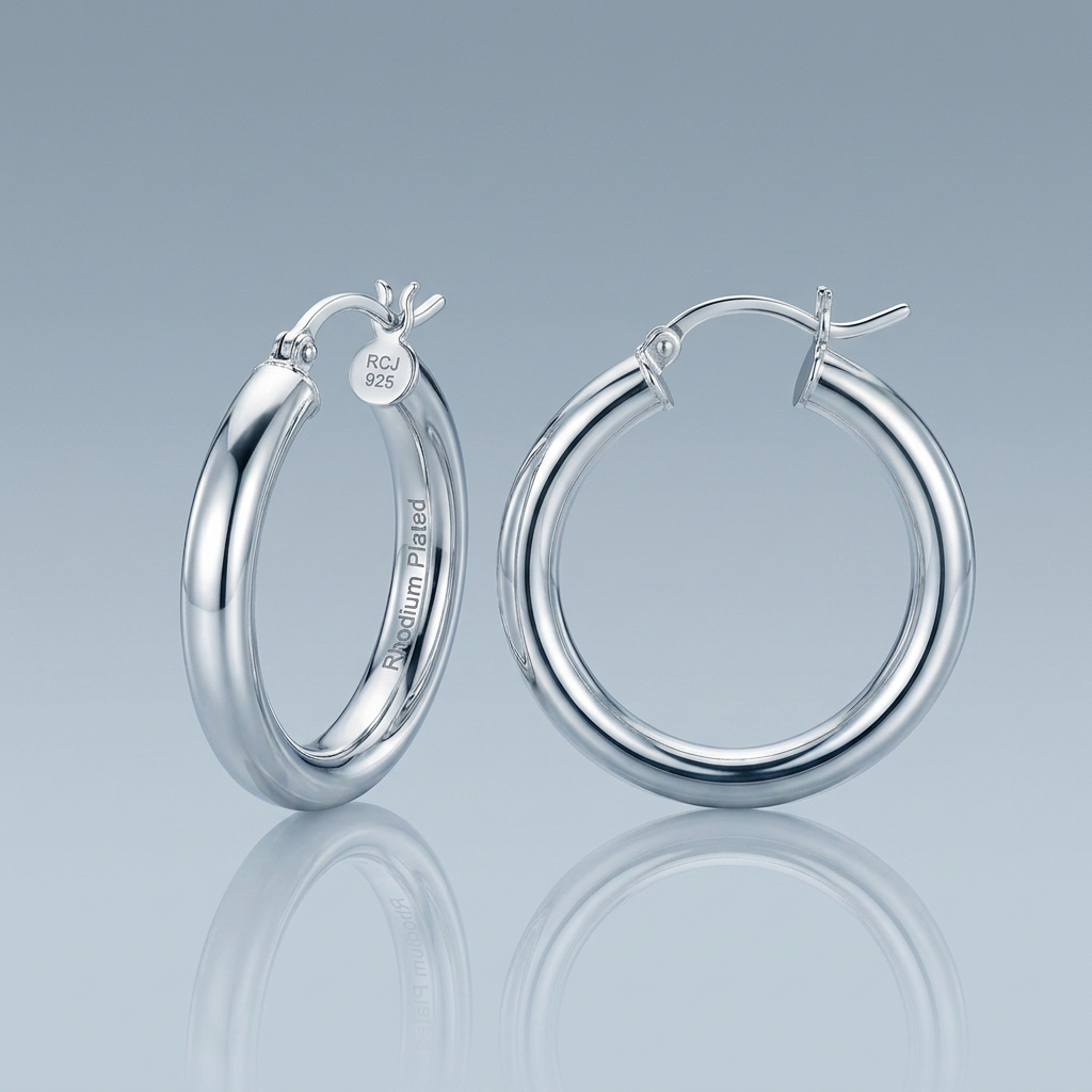 Sterling Silver Rhodium Plated Thick Style Polished Hoop Earrings (25mm) DestGlow