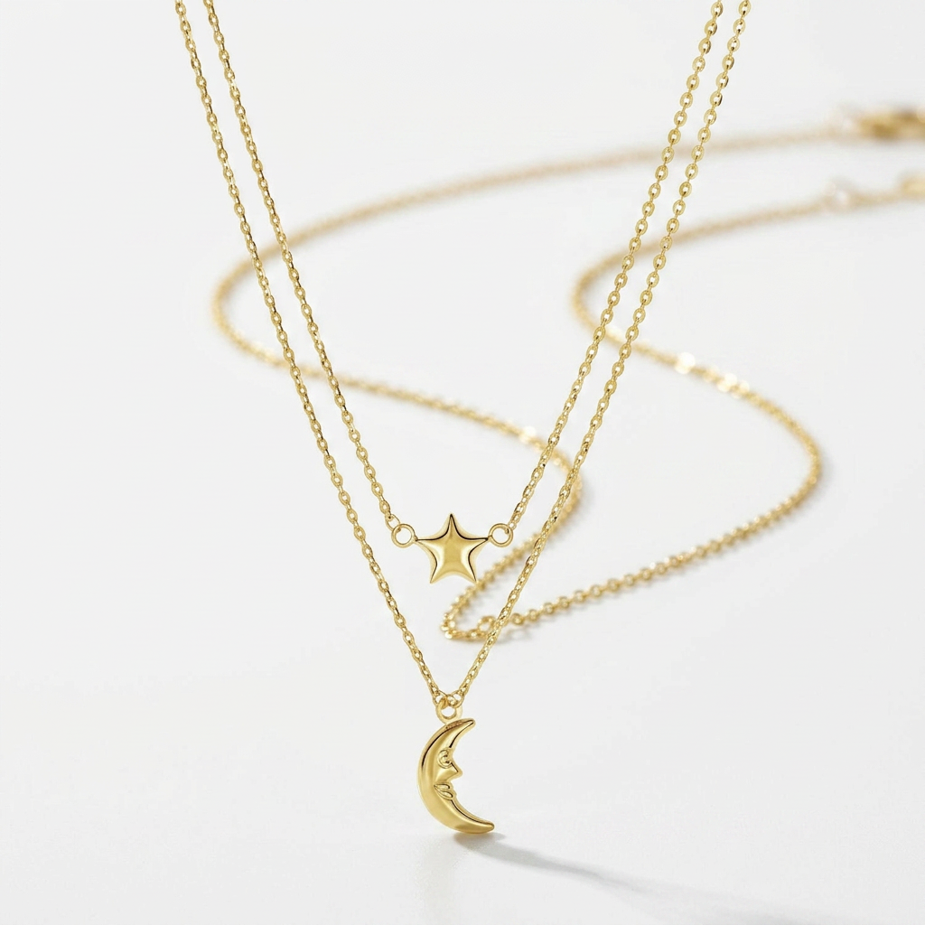 14k Yellow Gold Double-Strand Chain Necklace with Puff Moon and Star