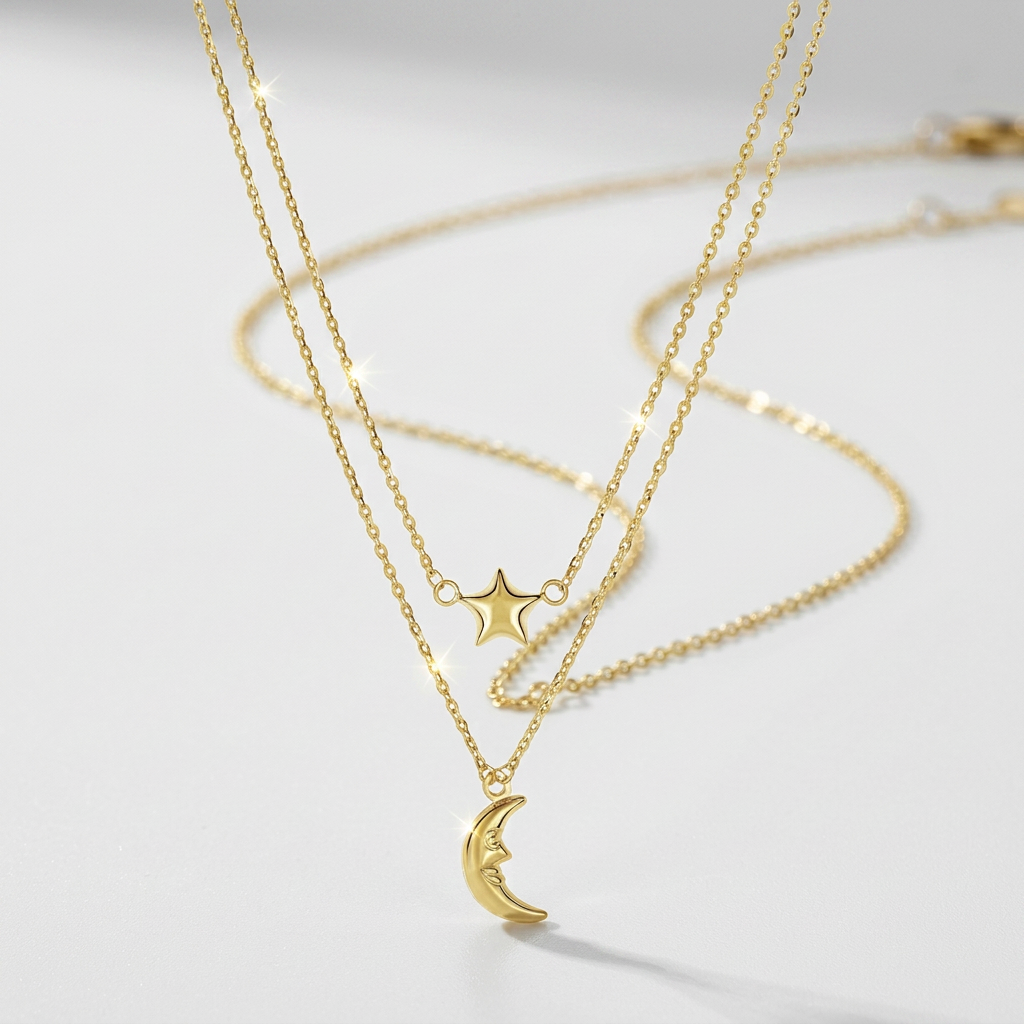 14k Yellow Gold Double-Strand Chain Necklace with Puff Moon and Star DestGlow