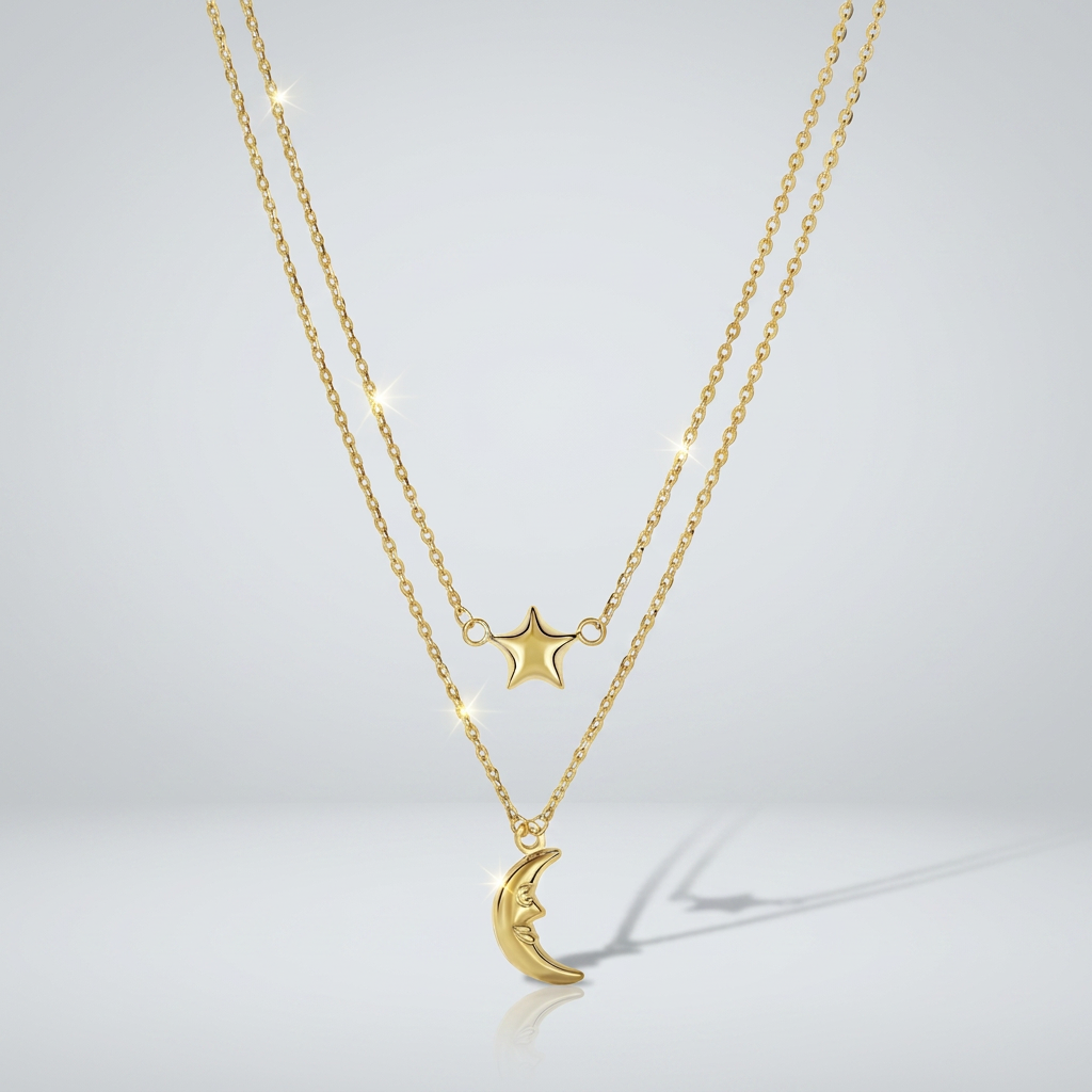 14k Yellow Gold Double-Strand Chain Necklace with Puff Moon and Star