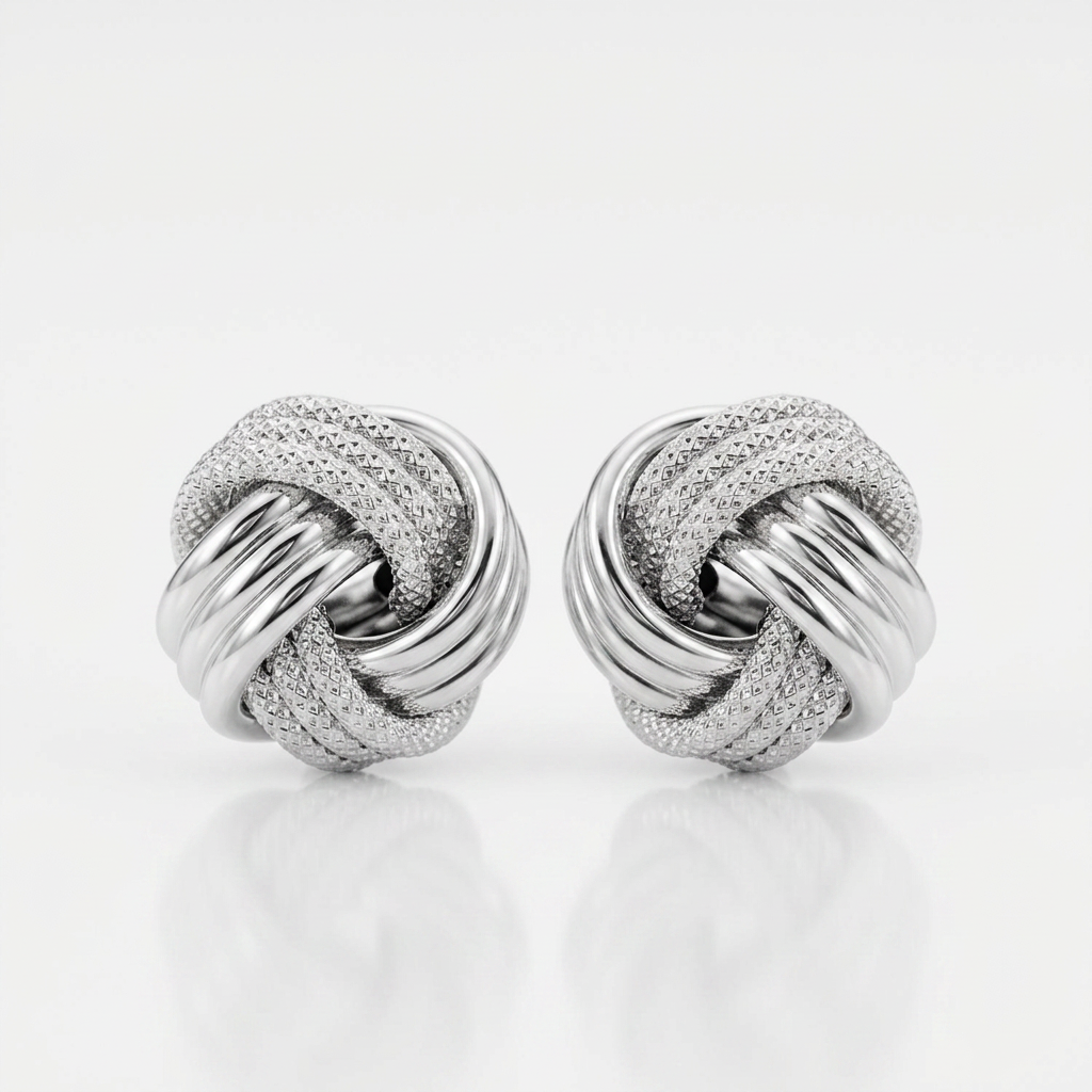 14k White Gold Love Knot with Ridge Texture Earrings