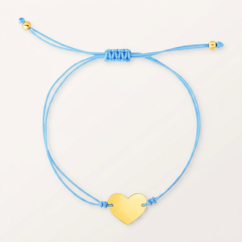 9 1/4 inch Blue Cord Adjustable Bracelet with 14k yellow Gold Heart