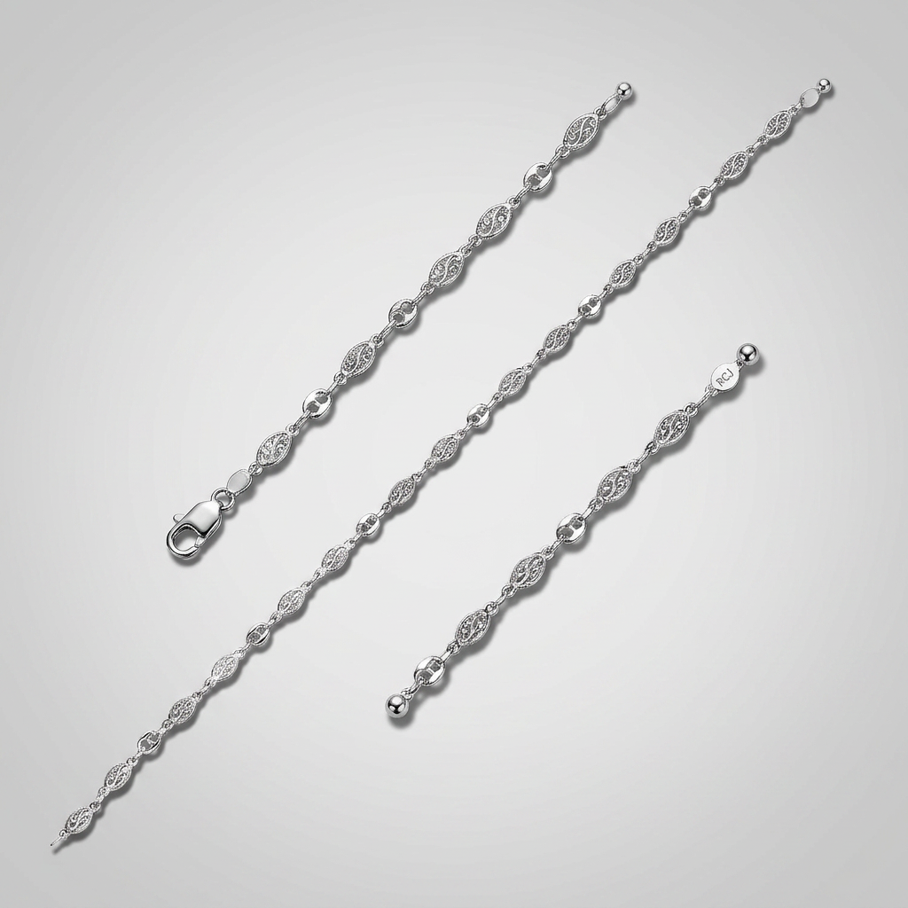 Sterling Silver Anklet with Marquise Leaf Motifs