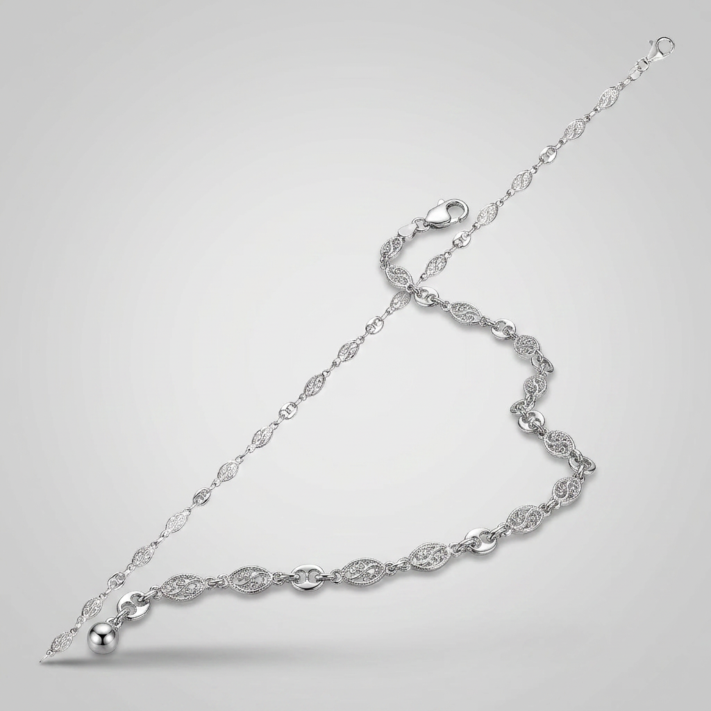 Sterling Silver Anklet with Marquise Leaf Motifs DestGlow