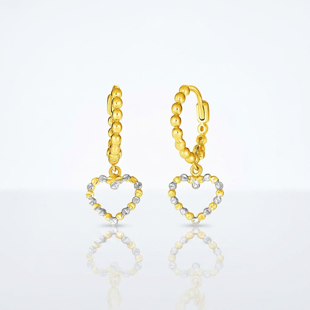 14k Two Tone Gold Beaded Hoop Earrings with Hearts