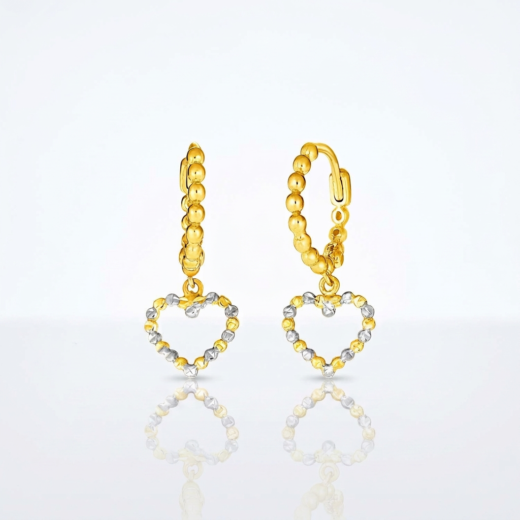 14k Two Tone Gold Beaded Hoop Earrings with Hearts DestGlow