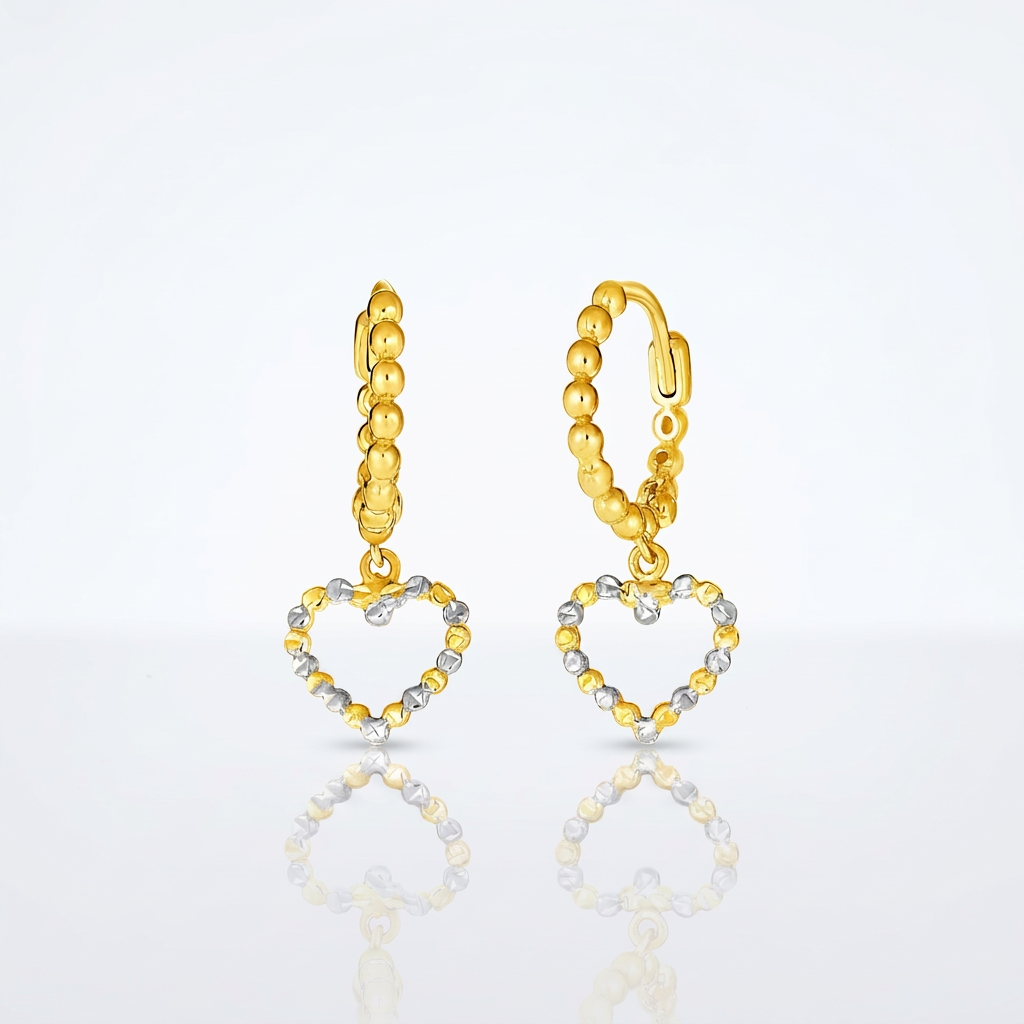 14k Two Tone Gold Beaded Hoop Earrings with Hearts