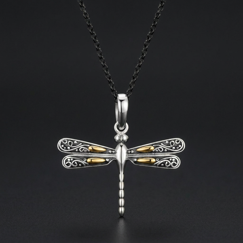 18k Yellow Gold and Sterling Silver Pendant in a Dragonfly Design