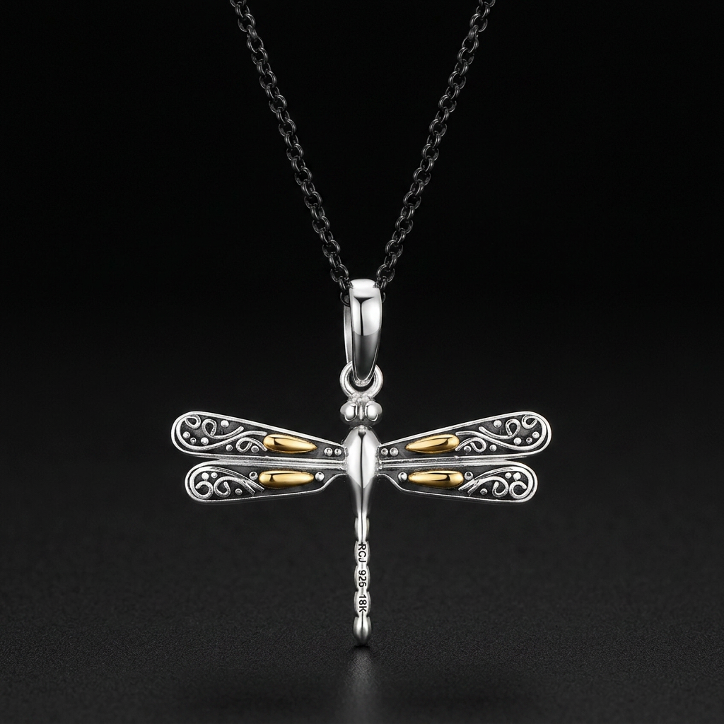 18k Yellow Gold and Sterling Silver Pendant in a Dragonfly Design DestGlow