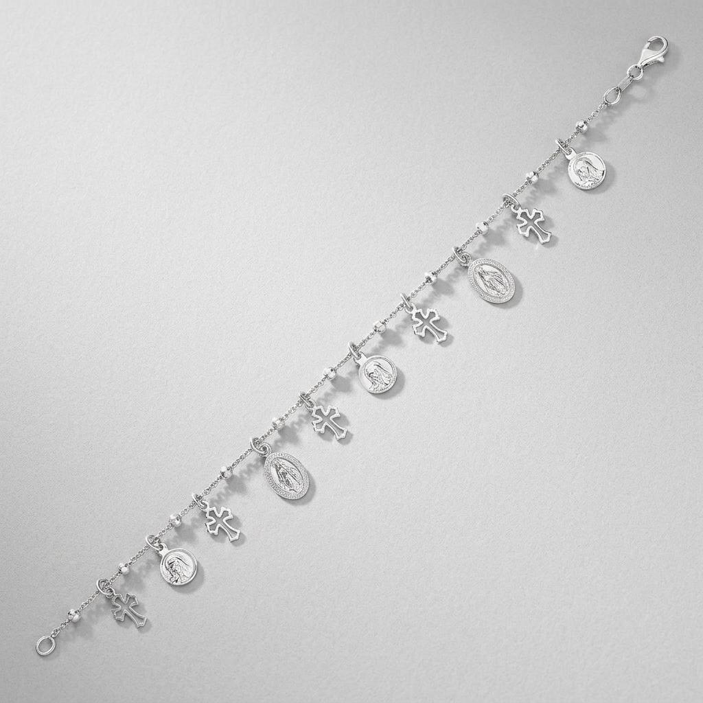 Sterling Silver 7 1/4 inch Bracelet with Crosses and Religious Medal Charms DestGlow