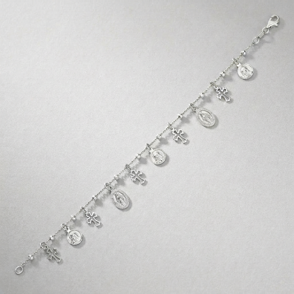 Sterling Silver 7 1/4 inch Bracelet with Crosses and Religious Medal Charms DestGlow