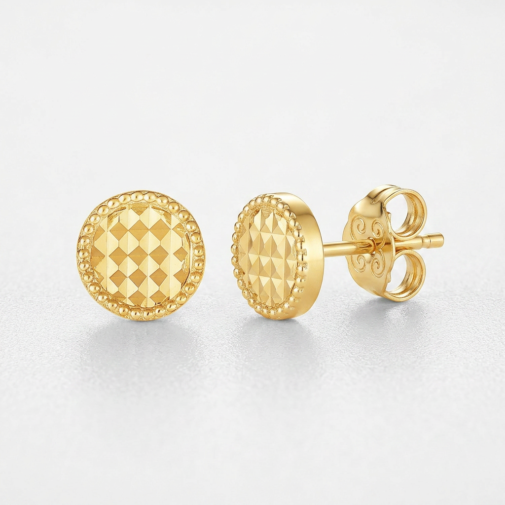 14k Yellow Gold Textured Circle Post Earrings