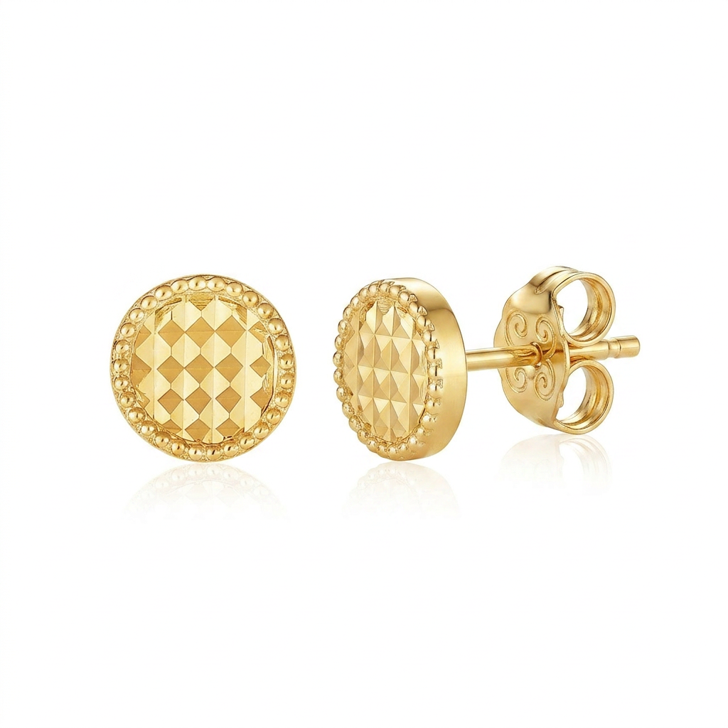 14k Yellow Gold Textured Circle Post Earrings