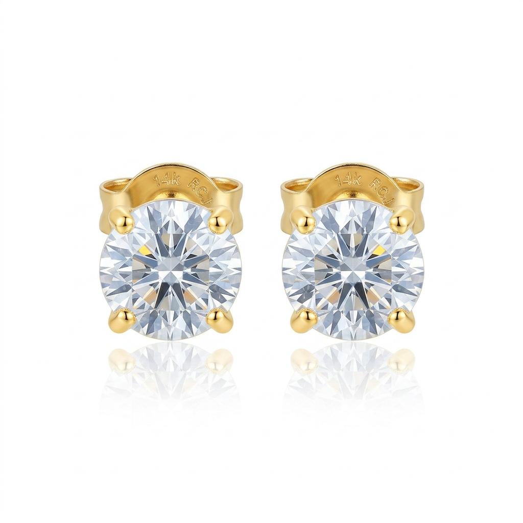 14k YellowGold Stud Earrings with White Hue Faceted Cubic Zirconia