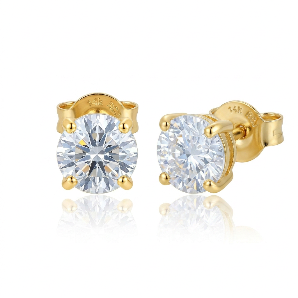 14k YellowGold Stud Earrings with White Hue Faceted Cubic Zirconia