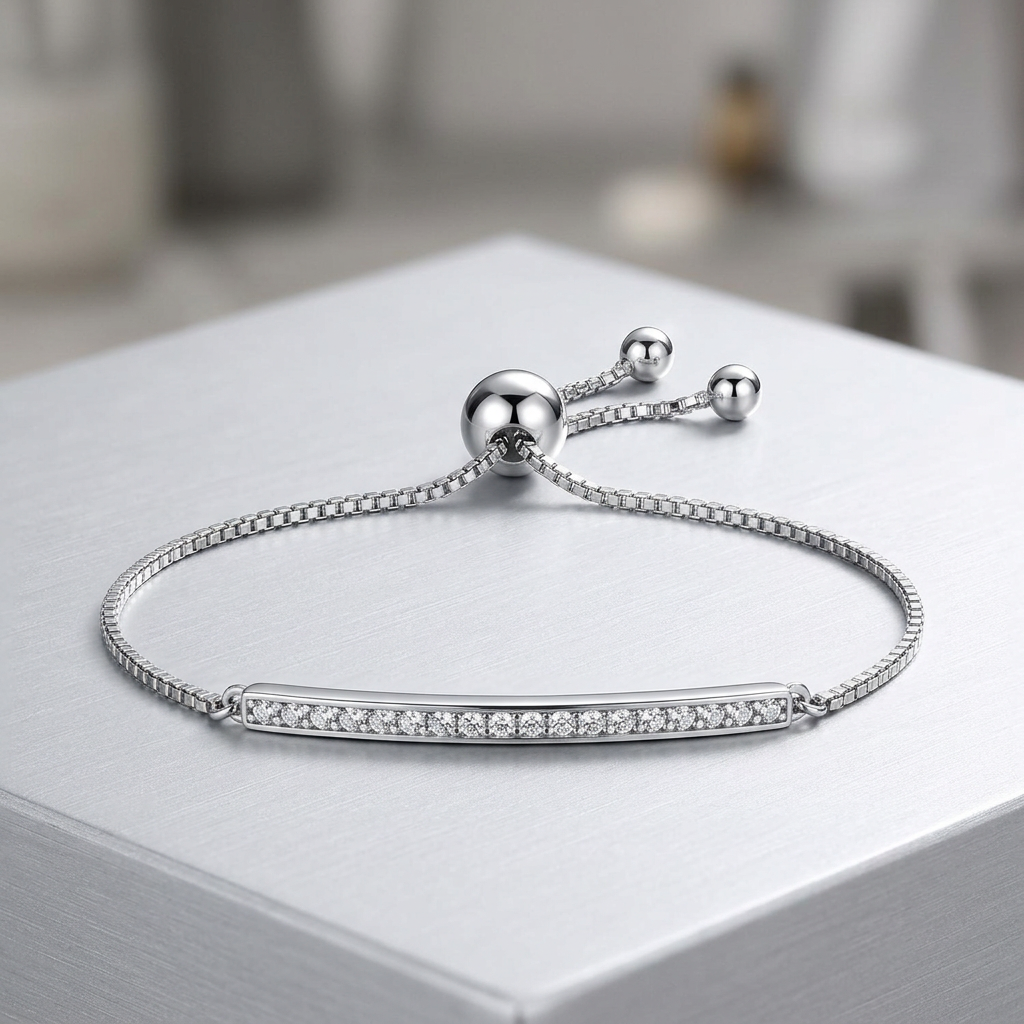 Adjustable Bar Bracelet with Cubic Zirconia in Sterling Silver