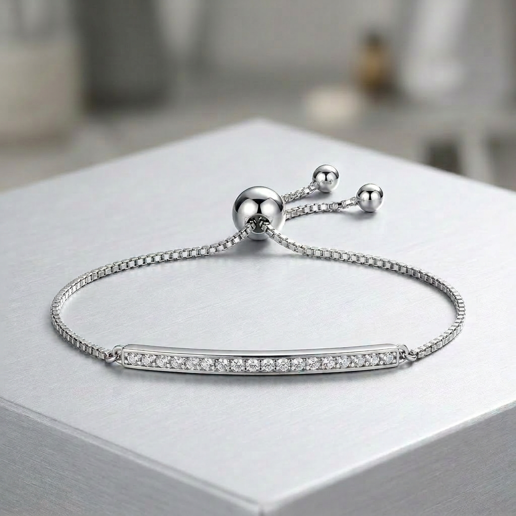 Adjustable Bar Bracelet with Cubic Zirconia in Sterling Silver DestGlow