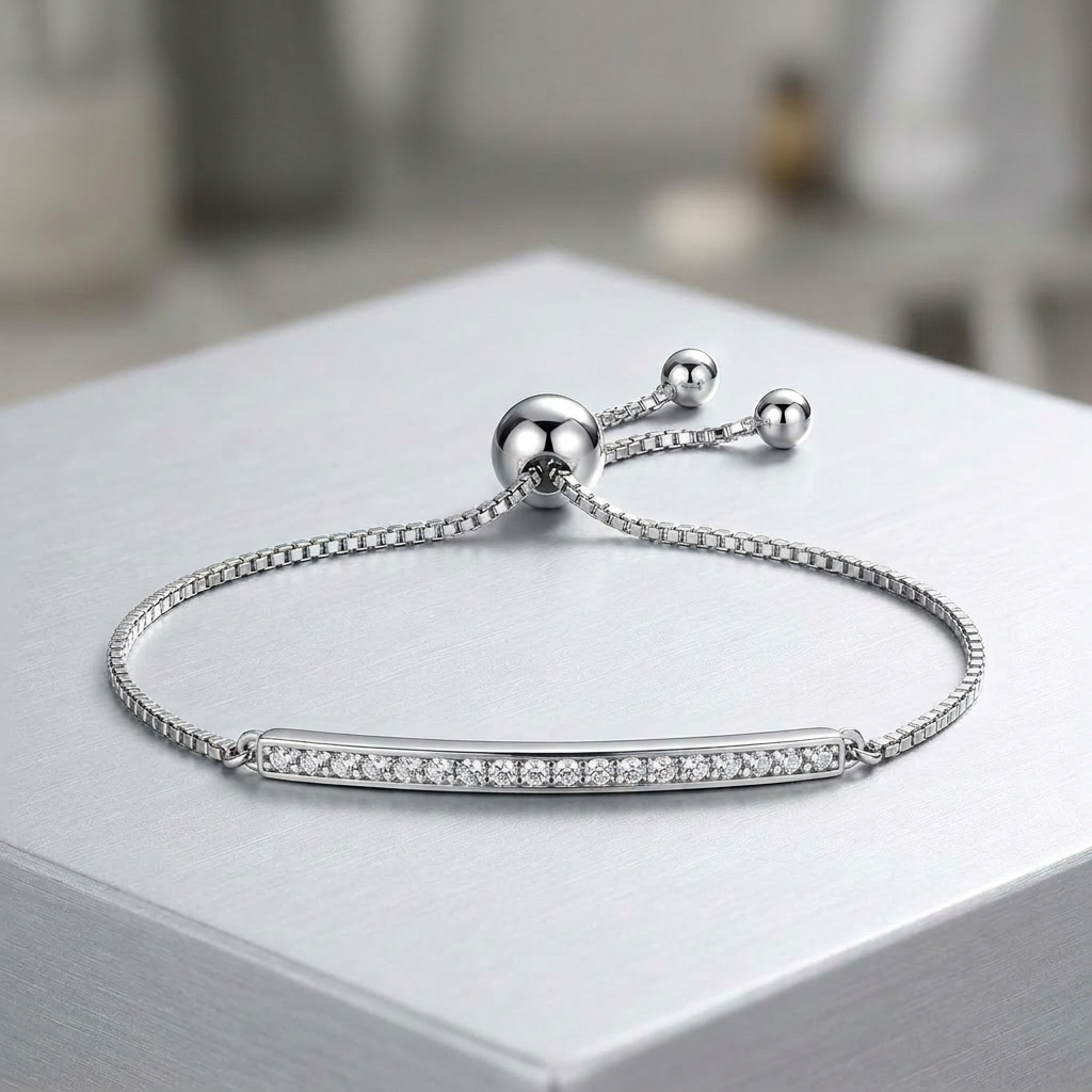 Adjustable Bar Bracelet with Cubic Zirconia in Sterling Silver DestGlow