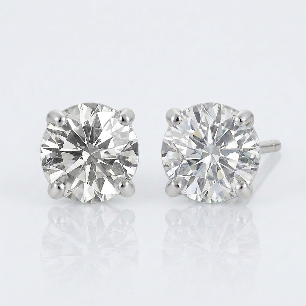 14k White Gold Stud Earrings with White Hue Faceted Cubic Zirconia