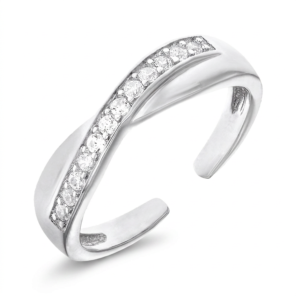 Toe Ring with Crossover Motif in Sterling Silver with Cubic Zirconia DestGlow