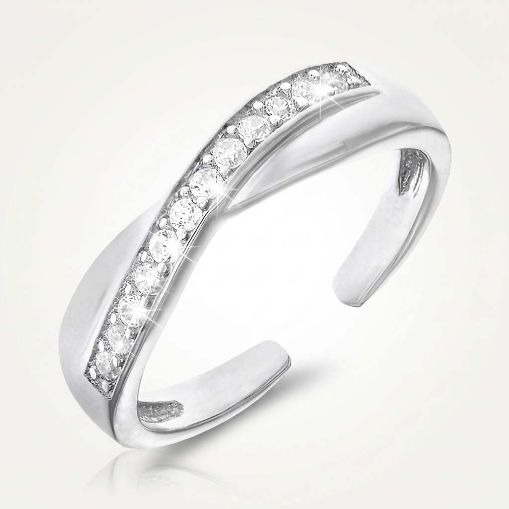 Toe Ring with Crossover Motif in Sterling Silver with Cubic Zirconia DestGlow