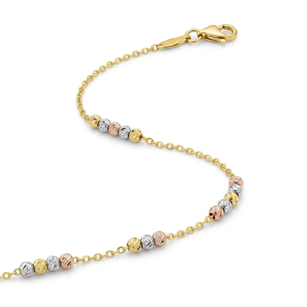 14k Tri Color Gold Anklet with Textured Beads DestGlow