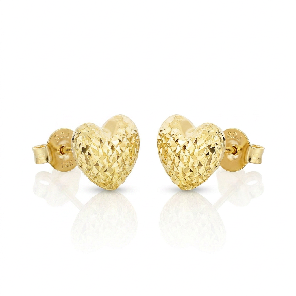14k Yellow Gold Puffed Heart Earrings with Diamond Cuts DestGlow