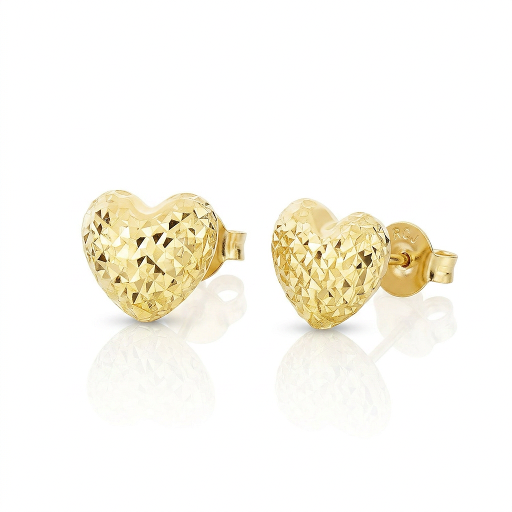 14k Yellow Gold Puffed Heart Earrings with Diamond Cuts DestGlow
