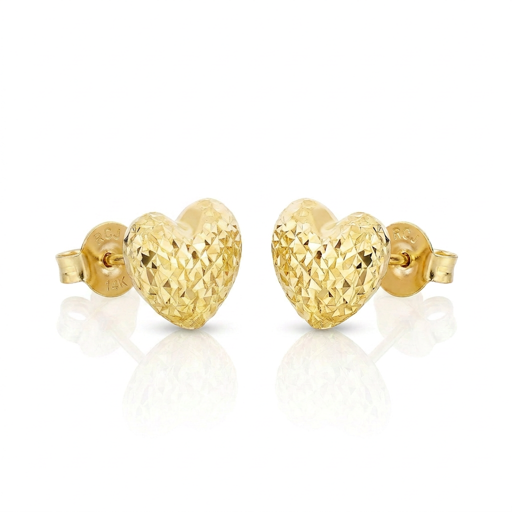 14k Yellow Gold Puffed Heart Earrings with Diamond Cuts DestGlow