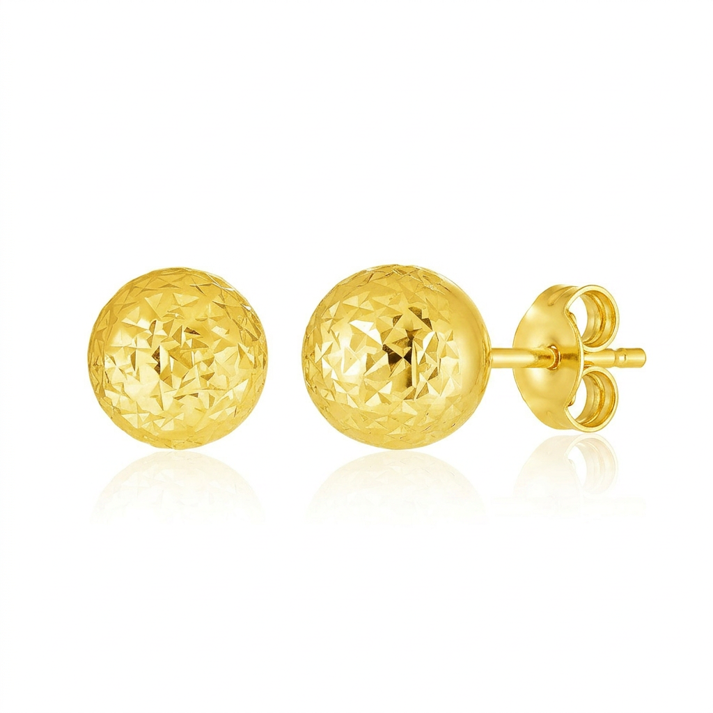 14k Yellow Gold Ball Earrings with Crystal Cut Texture