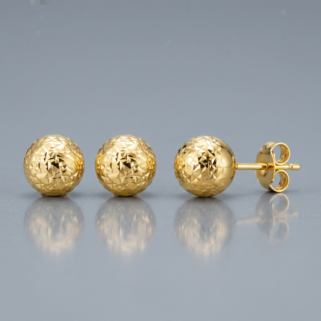 14k Yellow Gold Ball Earrings with Crystal Cut Texture