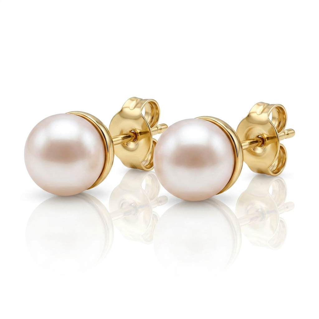 14k Yellow Gold Freshwater Cultured White Pearl Stud Earrings (7.0 mm) DestGlow