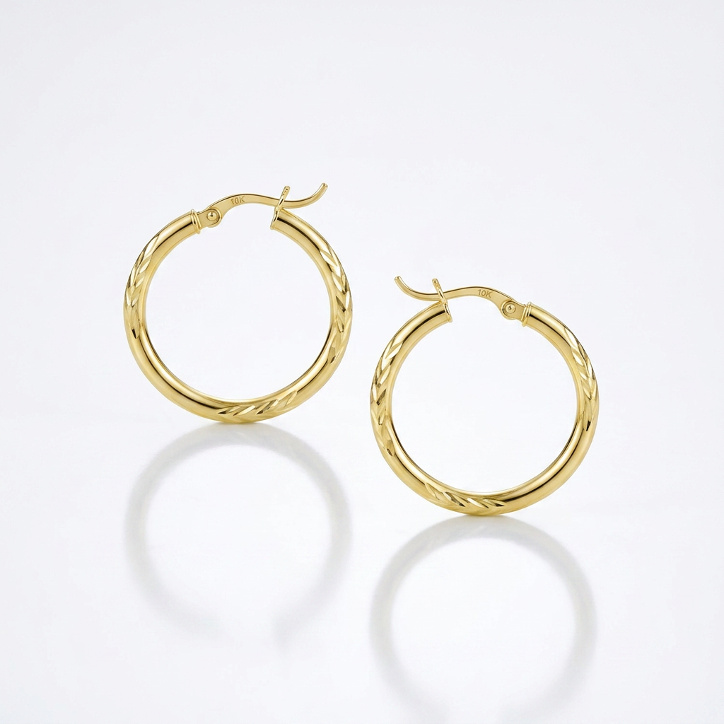 10k Yellow Gold Diamond Cut Hoop Earrings (15mm)