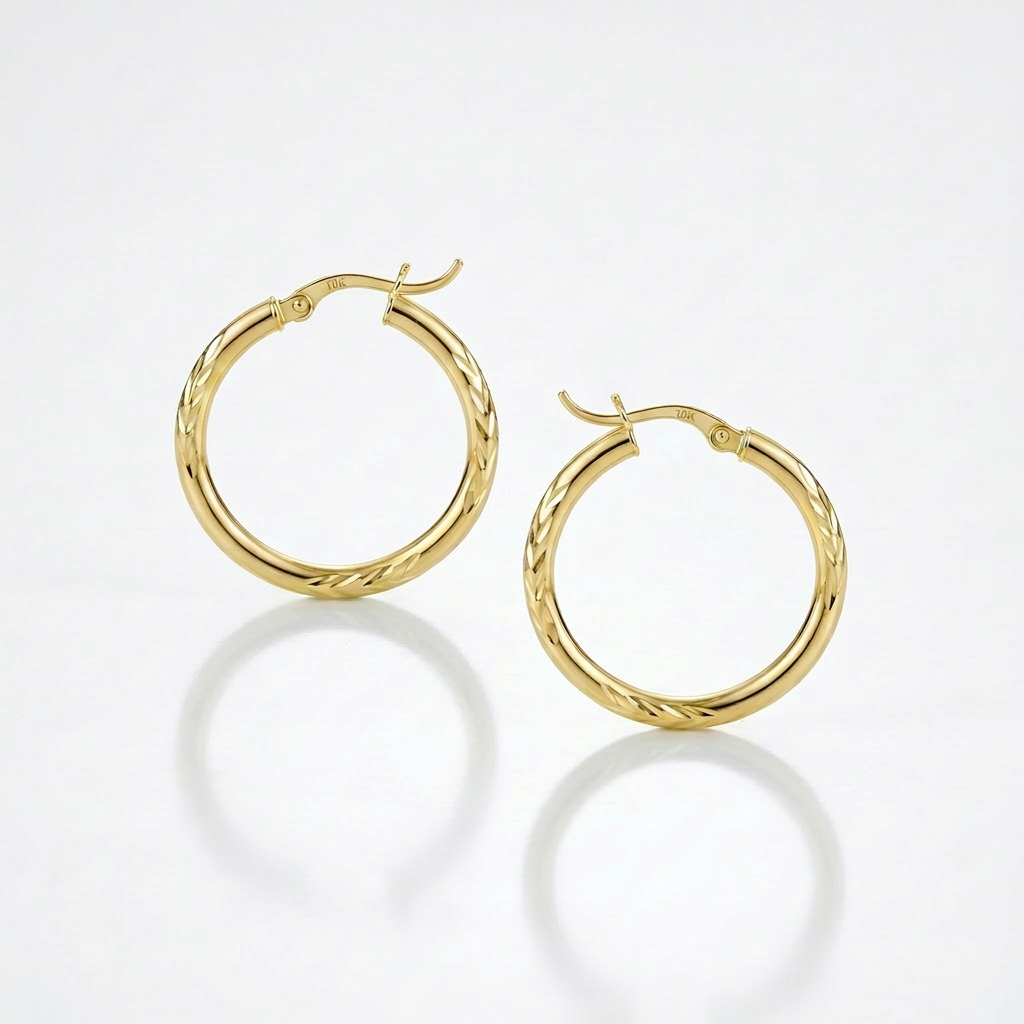 10k Yellow Gold Diamond Cut Hoop Earrings (15mm) DestGlow