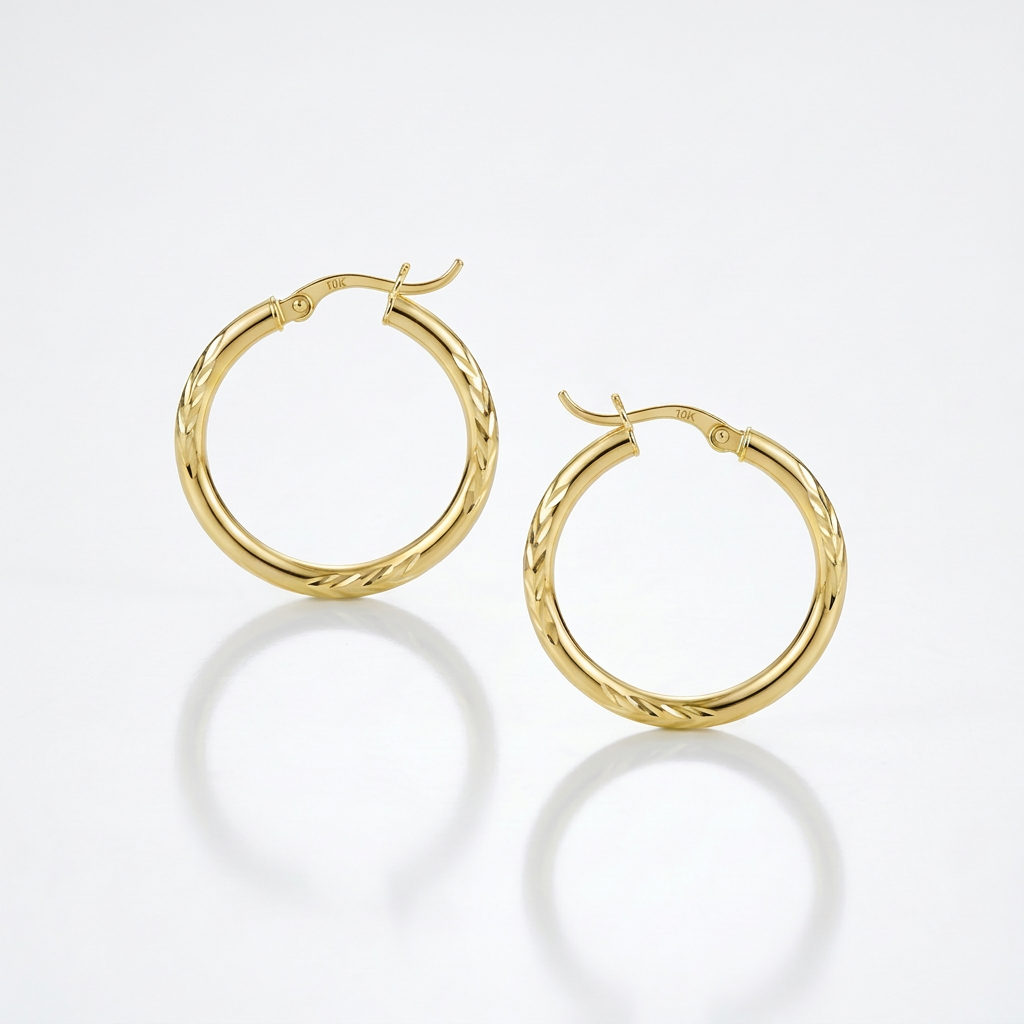 10k Yellow Gold Diamond Cut Hoop Earrings (15mm)