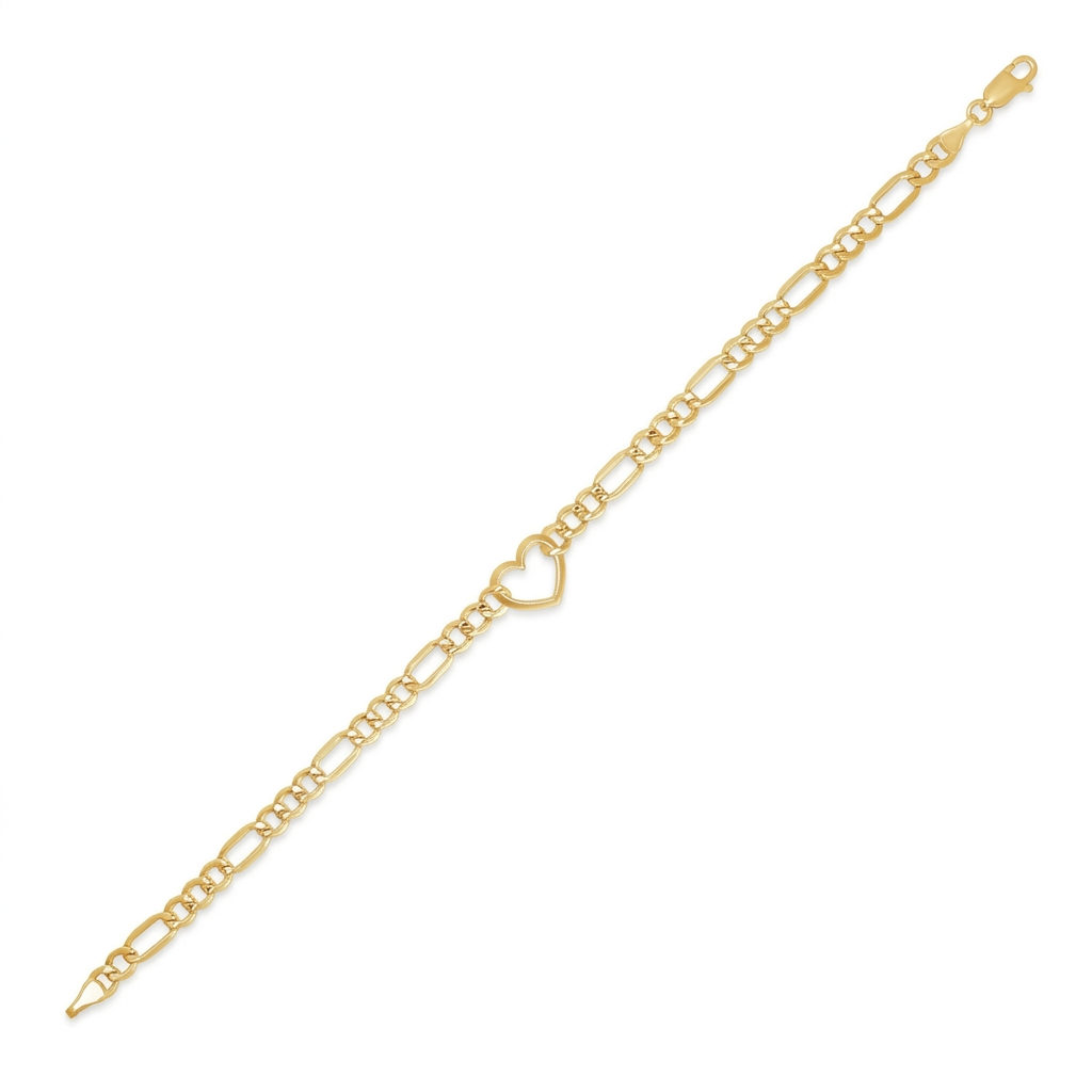 14k Yellow Gold 7 inch Figaro Chain Bracelet with Heart