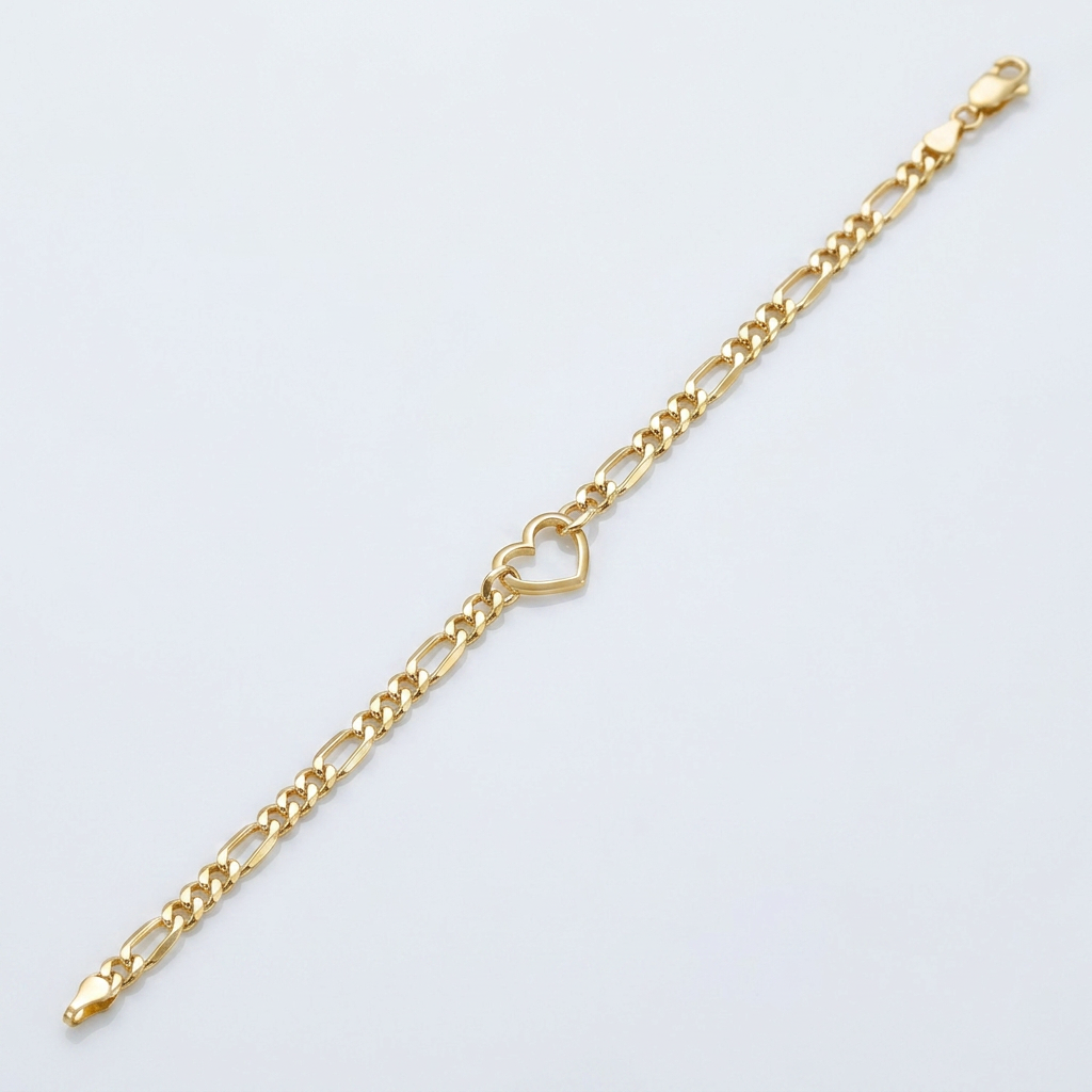 14k Yellow Gold 7 inch Figaro Chain Bracelet with Heart DestGlow