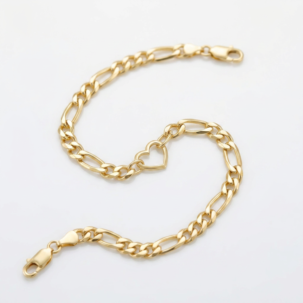 14k Yellow Gold 7 inch Figaro Chain Bracelet with Heart