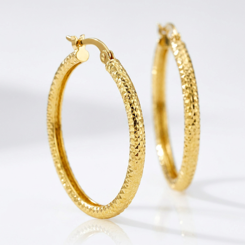 14k Yellow Gold Tube Textured Round Hoop Earrings