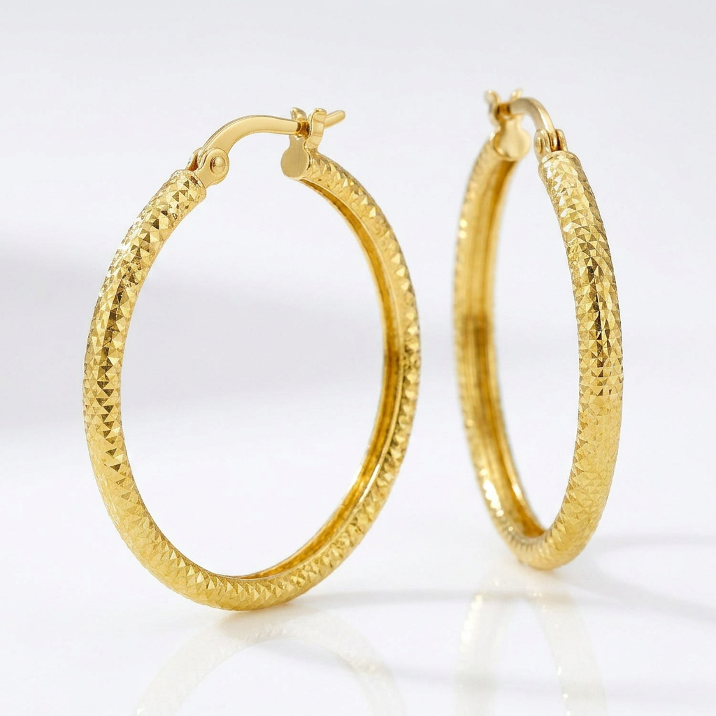 14k Yellow Gold Tube Textured Round Hoop Earrings DestGlow