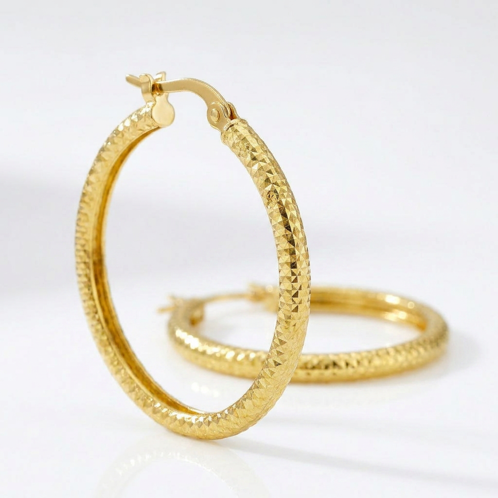 14k Yellow Gold Tube Textured Round Hoop Earrings