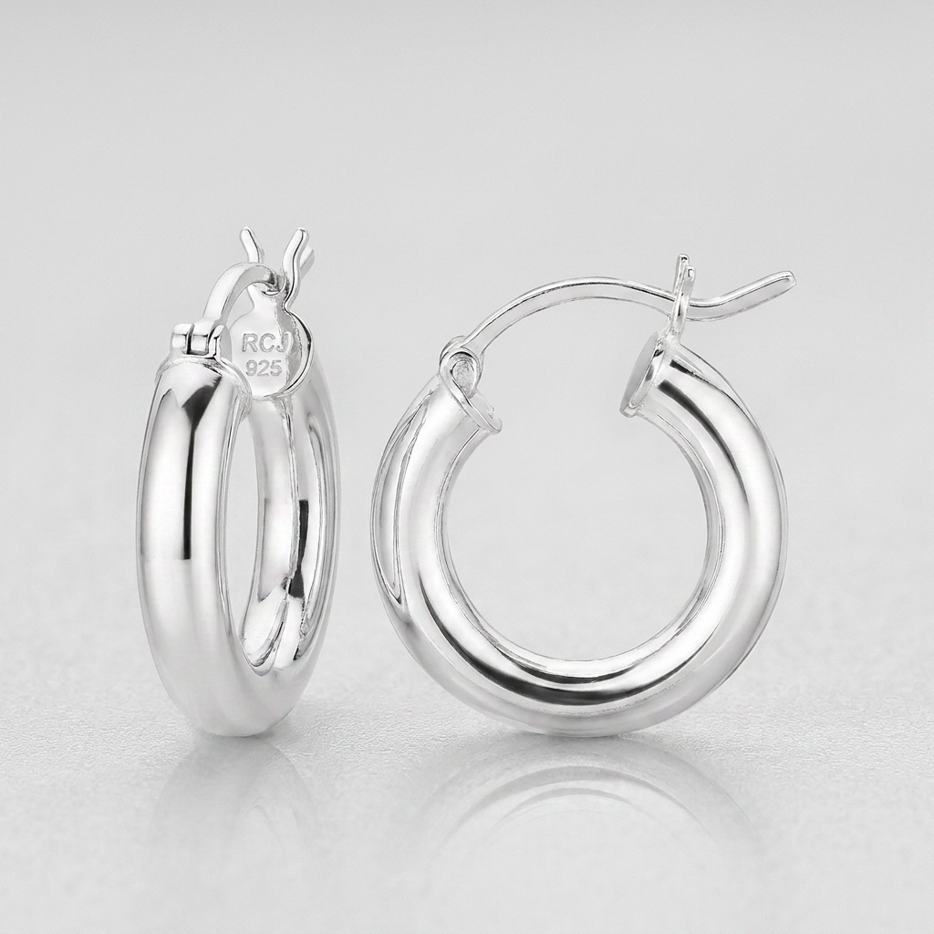 Sterling Silver Thick Polished Hoop Earrings with Rhodium Plating (15mm)