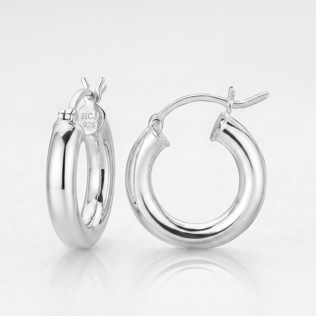 Sterling Silver Thick Polished Hoop Earrings with Rhodium Plating (15mm) DestGlow